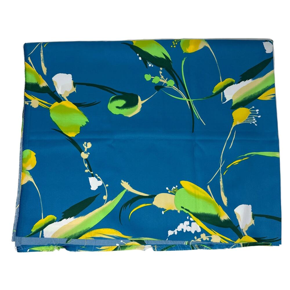 Vintage 70s Fabric Hawaiian Floral Fabric Lime Yellow Blue Silky Yardage
